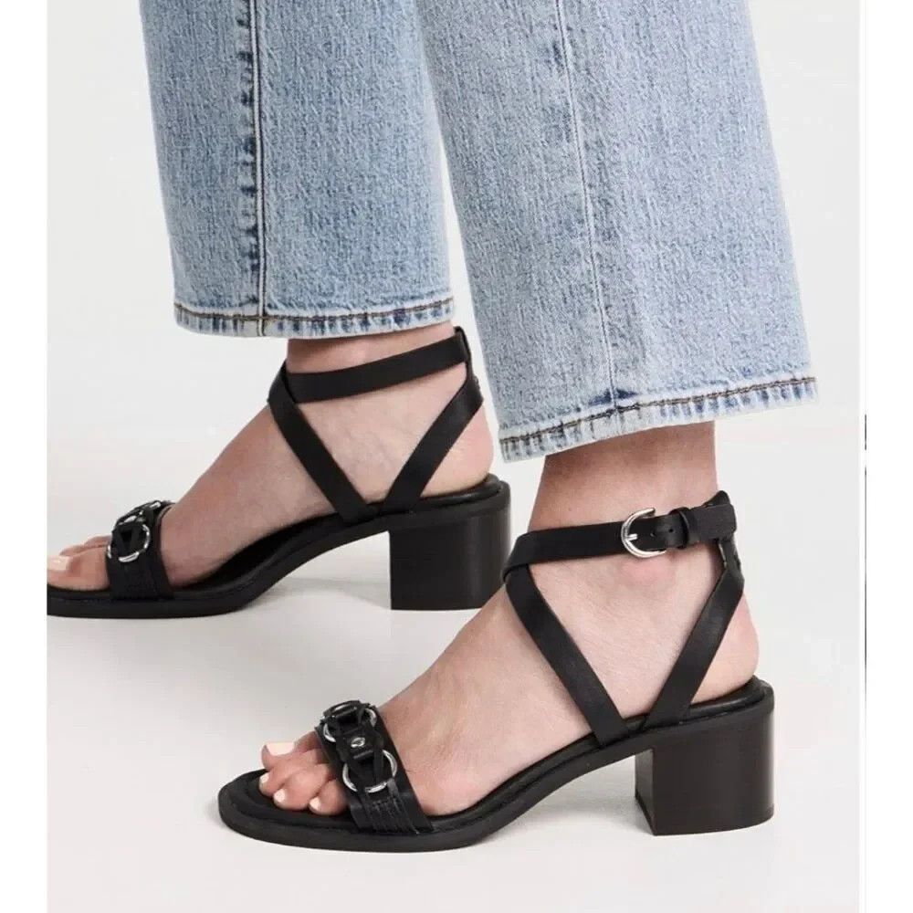 Rag & Bone Geo Chain Ankle Strap Sandals Black Leather Minimalist  39.5 US 9.5